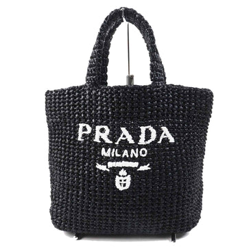 PRADA Tote Bag 1BG422 Raffia Black White small crochet