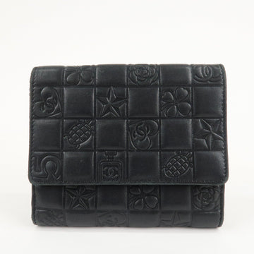 CHANEL Icon Line Lamb Skin W Flap Bi-fold Wallet Black A24212 Used