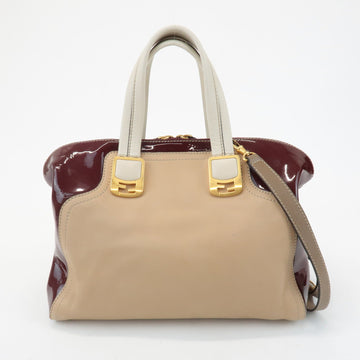 FENDI Chameleon Leather 2WAY Bag Hand Bag Beige Bordeaux 8BL114 Used