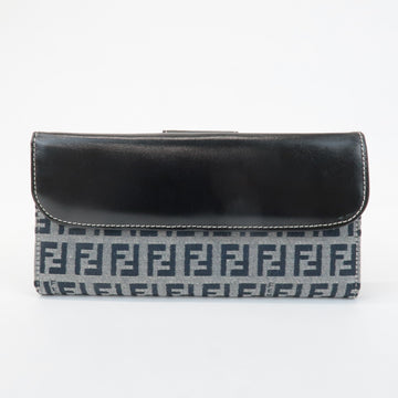 FENDI Zucchino Canvas Leather W Hook Bifold Long Wallet Navy 31133 Used