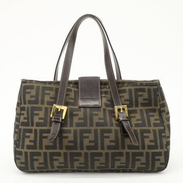 FENDI Zucca Canvas Leather Hand Bag Brown Black Gold Hardware Used