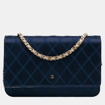 Navy Blue Satin Diamond Stitch Wallet On Chain