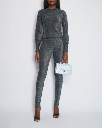 Chanel Silver Metallic Long-Sleeve Top and LeCSings Set Size FR 34/36 (UK 6/8)