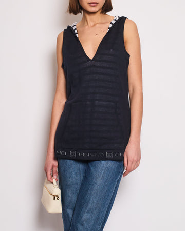 Chanel 09P Navy and White Sleeveless Hoodie Top with Logo Details Size FR 42 (UK 14)
