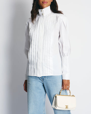 Chanel White Cotton High Neck Pleated Shirt Size FR34 (UK6) RRP ¬£3,720