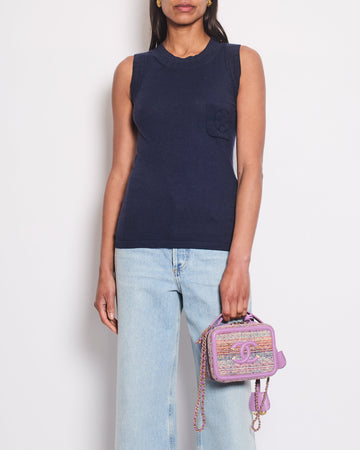 Chanel Navy Cashmere Fine Knit Sleeveless Top With Camelia Pocket Detail FR 36 (UK 8)