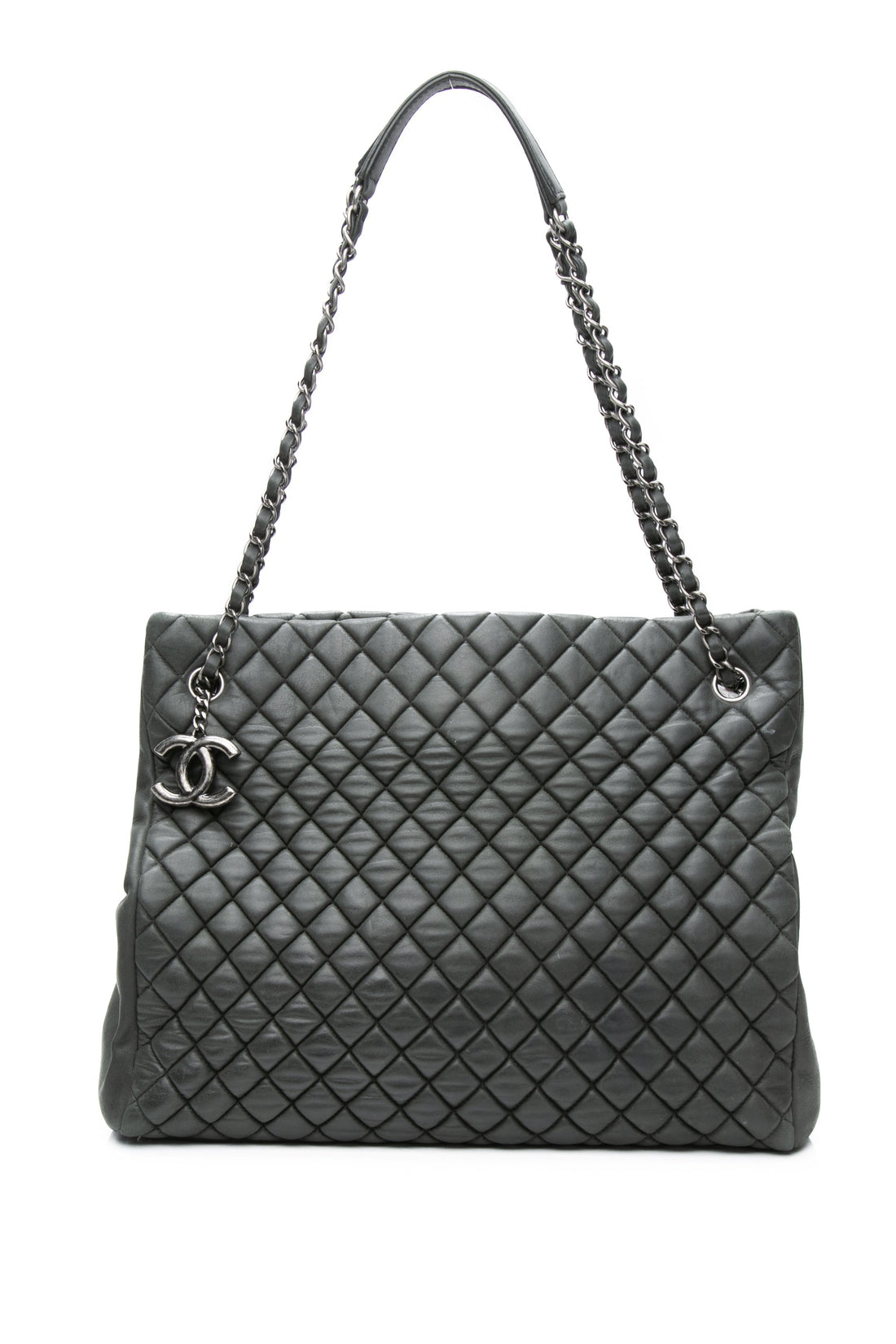 CHANEL Dark Green Iridescent Calfskin Quilted New Bubble North South Tote Bag