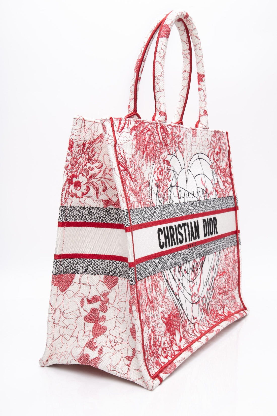 DIOR Red Multicolor Canvas Embroidered D-Royaume d'Amour Large Book Tote