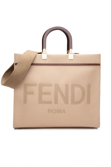 FENDI Sand Ghianda Canvas Vitello King Logo Embroidered Medium Sunshine Tote Bag