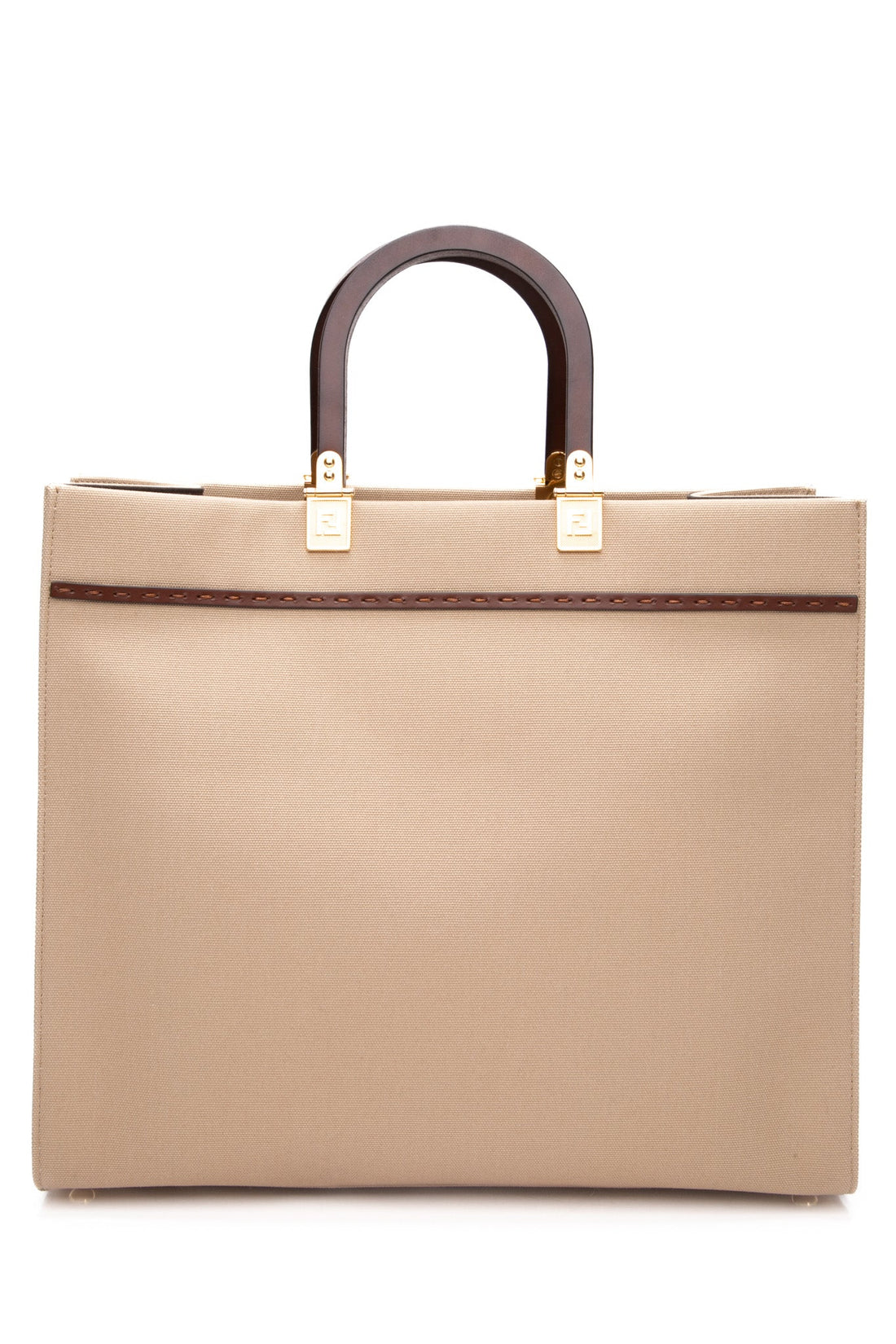 FENDI Sand Ghianda Canvas Vitello King Logo Embroidered Medium Sunshine Tote Bag