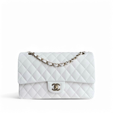 Chanel Classic Flap Medium - Caviar 25CM Quilted Snow White Gold Hardware Microchip