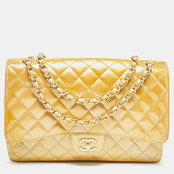 Gold Quilted Patent Leather Maxi Classic Single Flap Bag