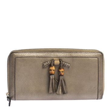 Gold Leather Bamboo Tassel Bow Zip Around Wallet