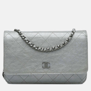 Silver Quilted Aged Calfskin Leather Wallet On Chain