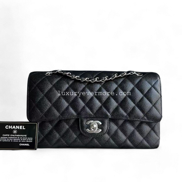 *Un* Medium Double Flap 25CM Quilted Grained Calfskin Black Silver Hardware Series 23