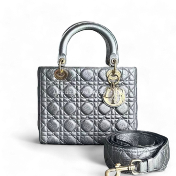 Lady Flap Medium Cannage Grained Calfskin Metallic Silver Golden Hardware