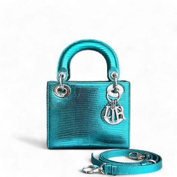 Dior Lady Mini - Exotic Lizard Skin Metallic Blue Green Silver Hardware Leather Strap