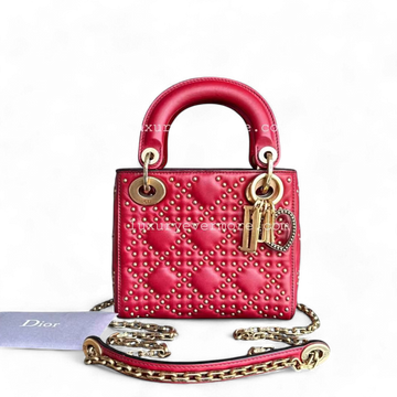Dior Lady Mini - Valentine Studded Red Golden Hardware