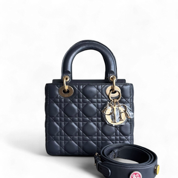 Dior Lady Small - Cannage Lambskin Dark Grey Gray Charcoal Gold Hardware