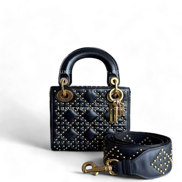 Dior Lady Mini Quilted Studded Lambskin Black Golden Hardware