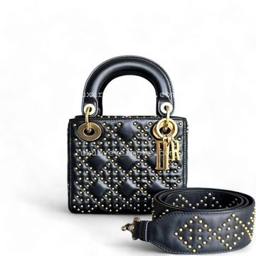 Lady Mini Studded Cannage Calfskin Black Golden Hardware