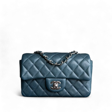 Chanel Classic Flap Mini - Caviar 20CM Rectangle Quilted Dark Green Blue Silver Hardware Series 20