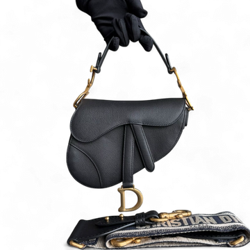 Dior Saddle Mini With Strap - 21CM Grained Calfskin Black Gold Hardware