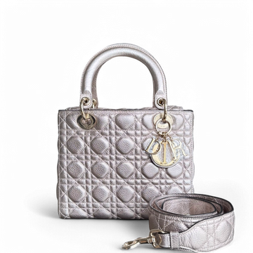Dior Lady Medium Flap - Cannage Metallic Calfskin Rose Gold Gold Hardware