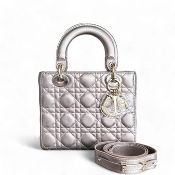 Dior Lady Small - 20CM Flap Cannage Lambskin Iridescent Metallic Rose Gold ABC Strap