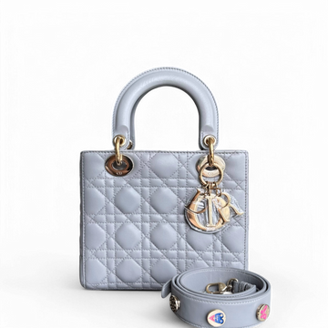 Dior Lady Small - Cannage Lambskin Light Grey Gray Gold Hardware