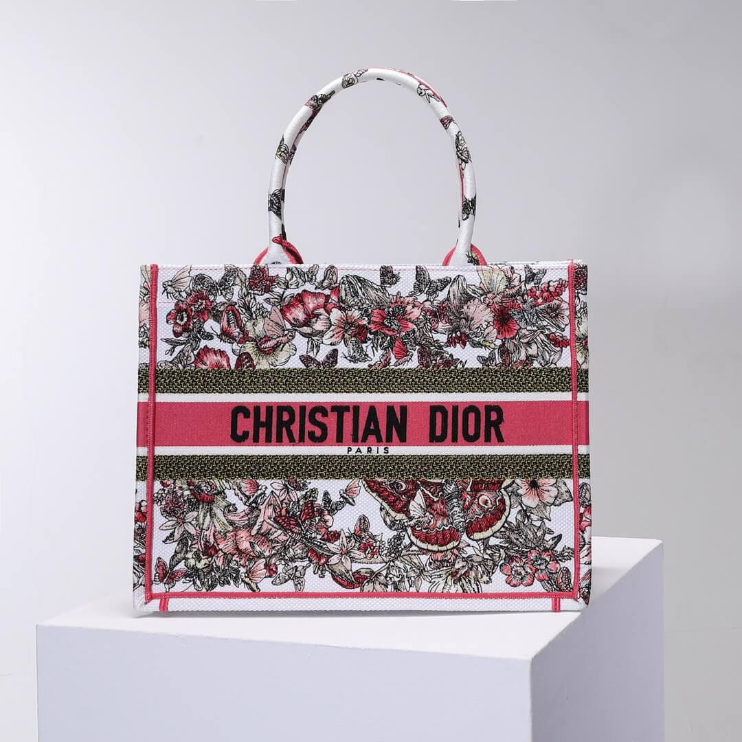 DIR1286 Book Tote big size 36.5cm 41.5cm Oblique Embroidery white red-2