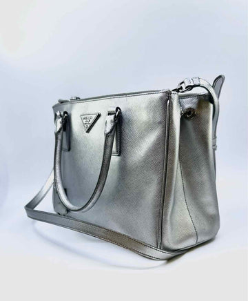 PRADA Galleria Silver Leather Metallic Solid Handbag