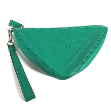 PRADA Clutch bag 2NE054 Safiano leather green Embossed logo Triangle logo plate mens Used