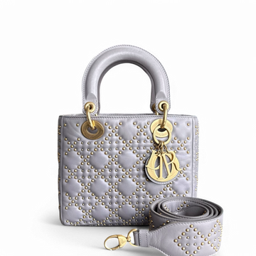 Dior Lady Small - Studded Lambskin Cannage Grey Gray Gold Hardware