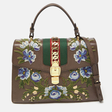 Gucci Floral Embroidered Leather Medium Sylvie Top Handle Bag