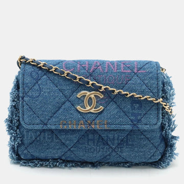 Blue Denim Logo Printed Quilted Fringe Denim Mood Flap Shoulder Bag