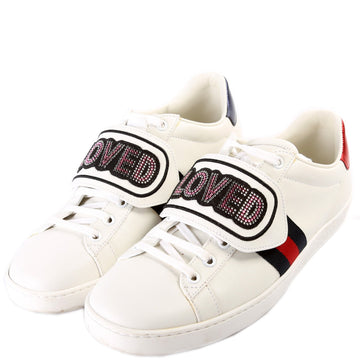 Gucci Ace Web Loved Embellished Velcro Leather Sneakers SIze