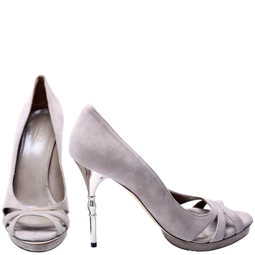 Gucci Bamboo Accent Peep Toe Suede Pumps Size .