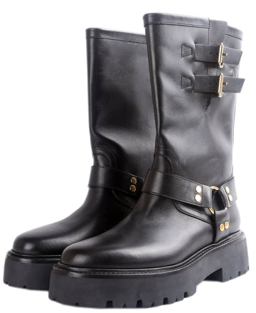 Calfskin Buckle Biker Boots Size 42