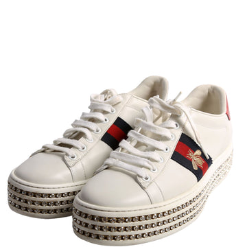 Gucci Ace Web Bee Crystal Platform Sneakers Size . White/Navy