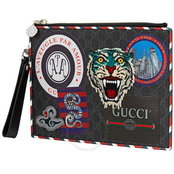 Gucci Night Courrier Large Wrist Pouch CS Supreme Canvas Clutch- Black-Grey