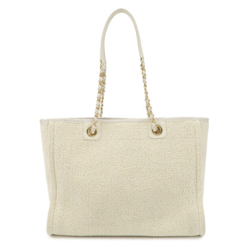 CHANEL Leather Tweed  Deauville MM Shoulder Bag Tote Bag Ivory