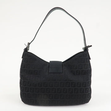 FENDI Zucchino Leather Canvas Shoulder Bag Black Used
