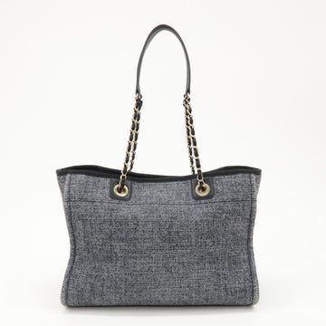 CHANEL Deauville Raffia Leather Chain Tote Bag MM Navy A66941 Used