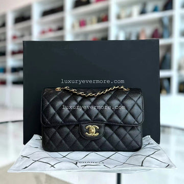 Small Caviar Classic Flap Quilted Grained Calfskin Black Golden Hardware Series 15