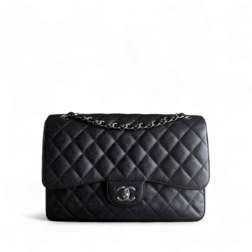 Chanel Classic Flap Jumbo - Caviar 30CM Double Flap Quilted Grained Calfskin Black Silver Hardware Series 19