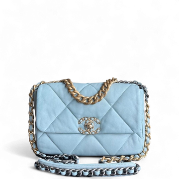 Chanel 19 Bag Small - Quilted Goatskin Light Blue Two-tone Gold Hardware Microchip