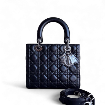 Dior Lady Medium - Cannage Lambskin Black Silver Hardware Adjustable Strap