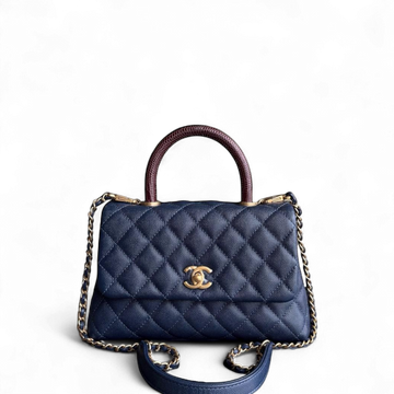 Chanel Coco Handle Small - Caviar Quilted Grained Calfskin Dark Navy Blue Lizard Handle Gold Hardware Series 24