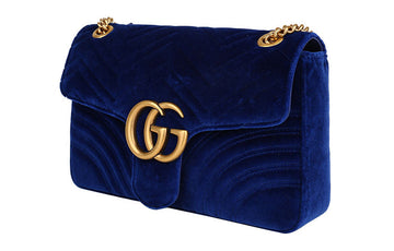 GUCCI EC Marmont Gold Label Logo Distress Velvet Chain Shoulder Messenger Bag Navy Blue 443496-K4D2T-4511